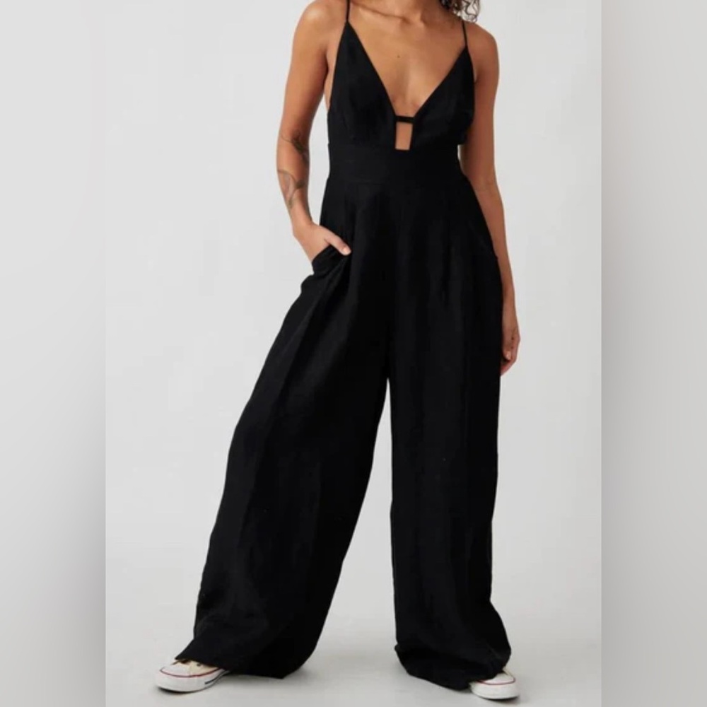 Free People Black Plunging Wide-Leg Jumpsuit